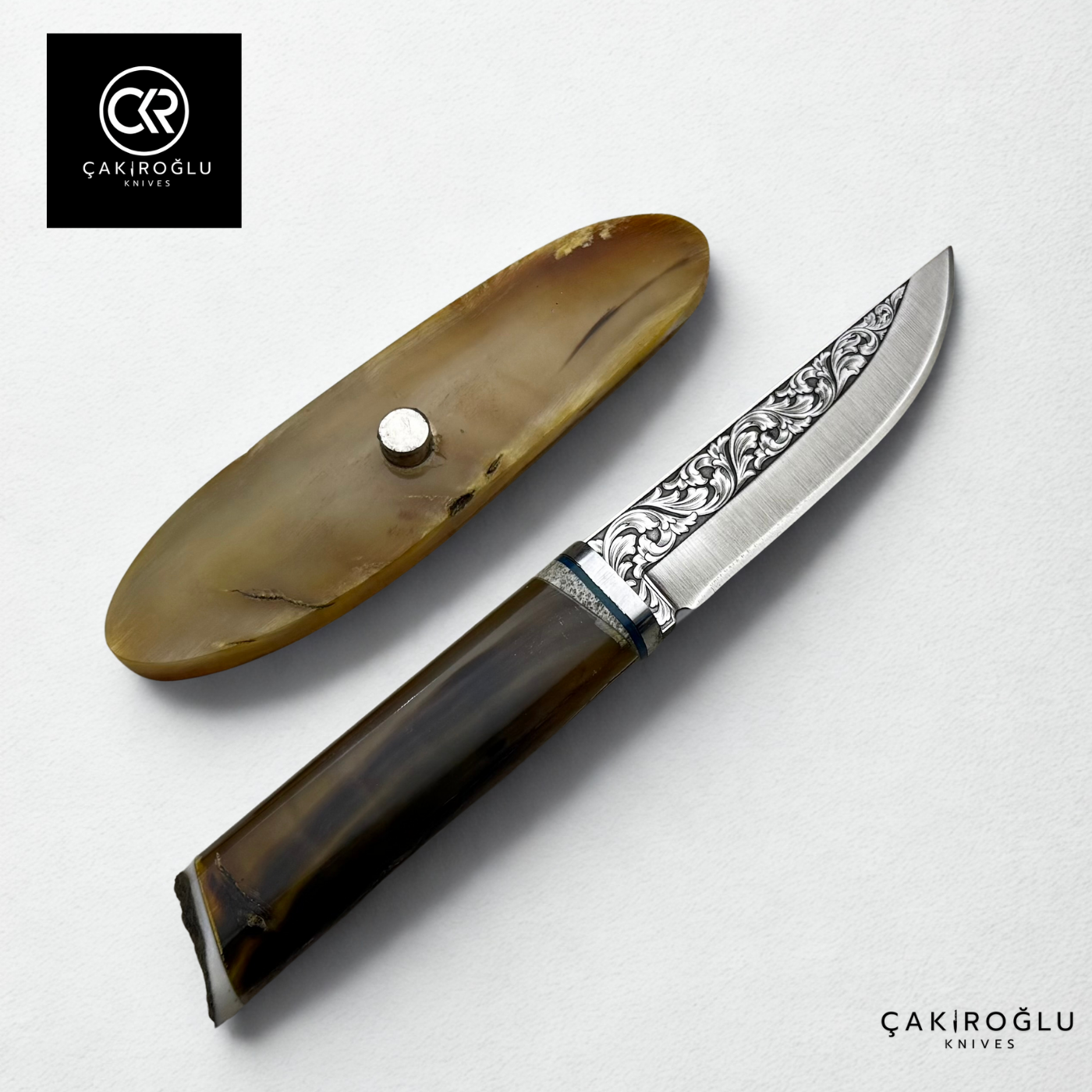 Custom Engraved Knife with Bone Stand - Bone (Ram Horn) Handle