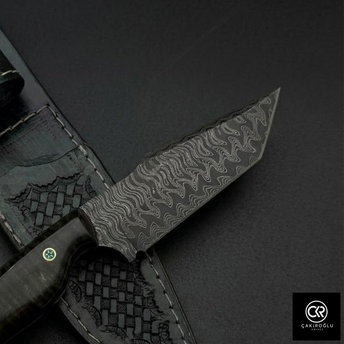 Çakıroğlu Handmade Custom-made Damascus Steel & Stabilized Tulipwood Handle Tanto Model Hunting Knife