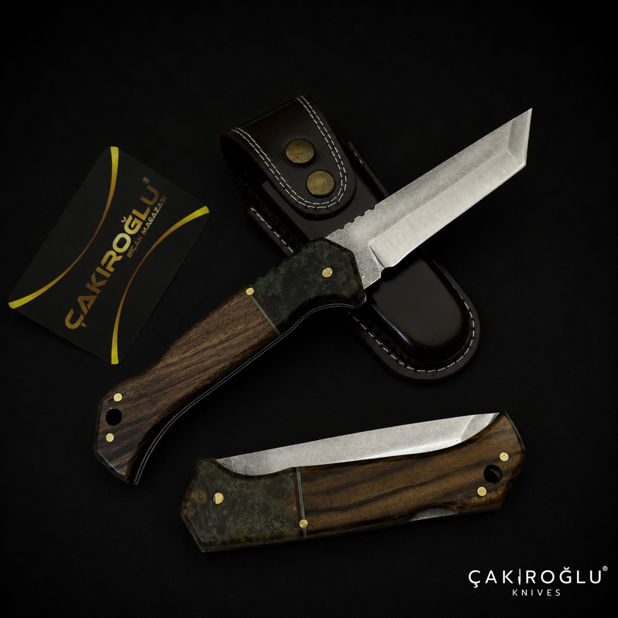 Handmade Stainless Steel Tanto Custom Folding Pocket Knife - Leather Sheath