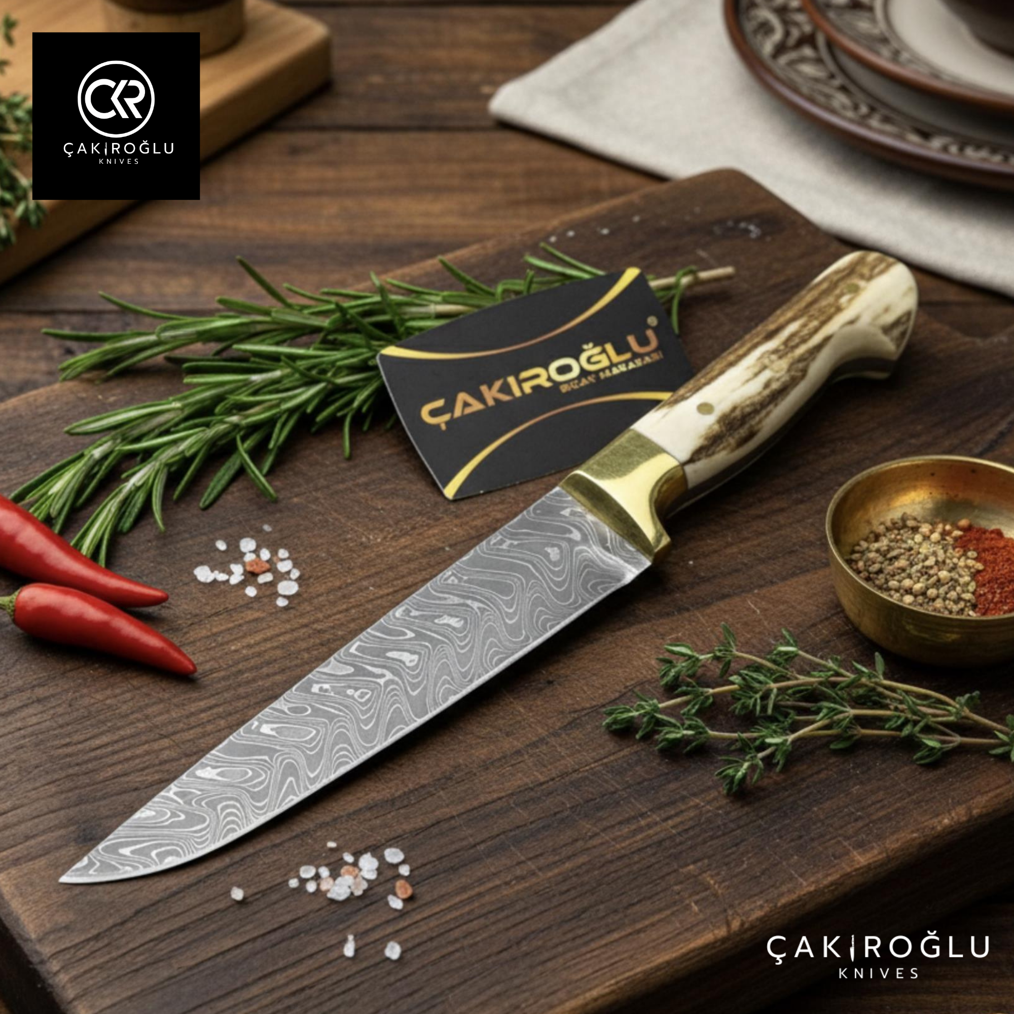 Hand Forged Damascus Steel Sacrifice Knife with Stag Horn Handle, Brass Guard
