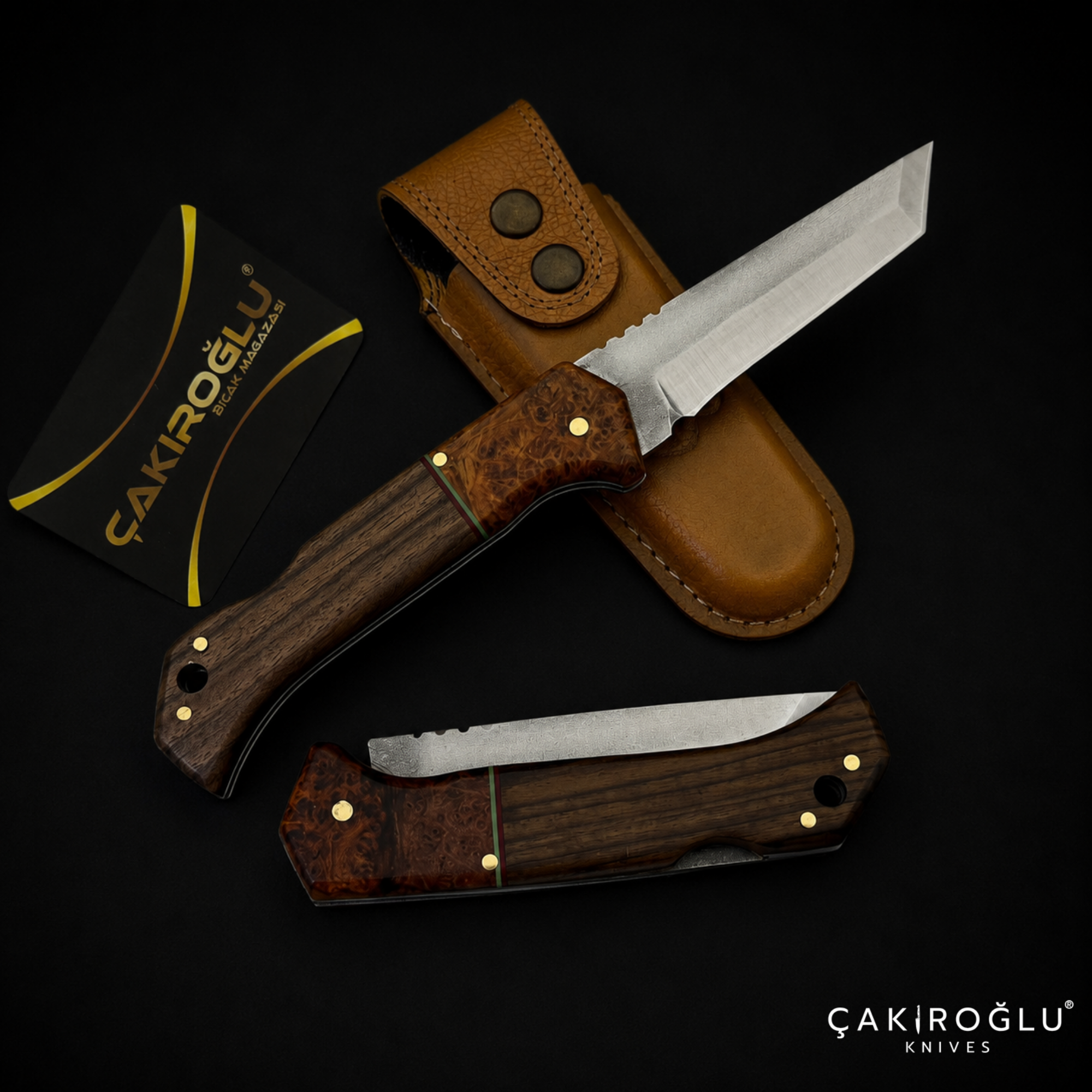 Handmade Stainless Steel Tanto Custom Folding Pocket Knife - Leather Sheath