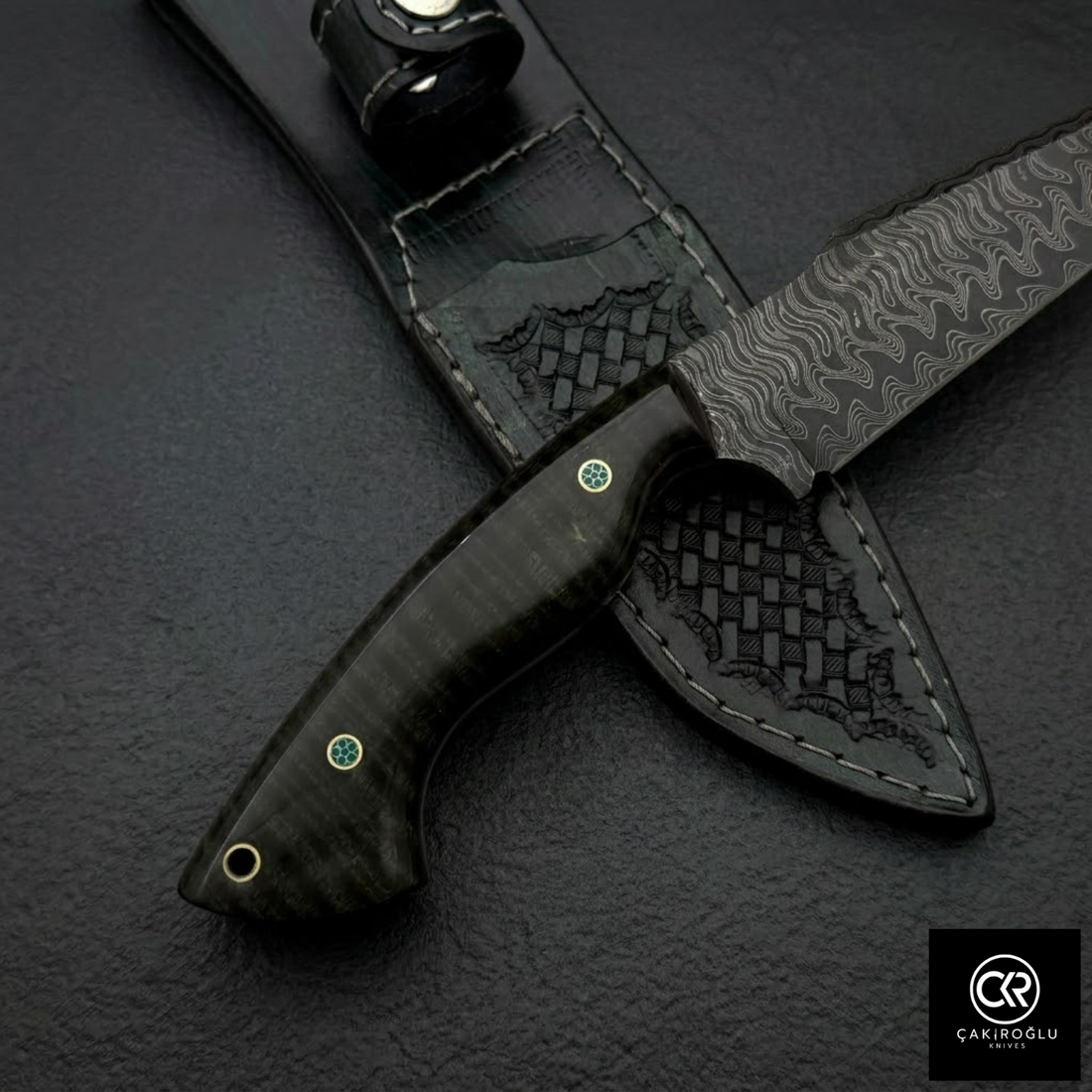Çakıroğlu Handmade Custom-made Damascus Steel & Stabilized Tulipwood Handle Tanto Model Hunting Knife