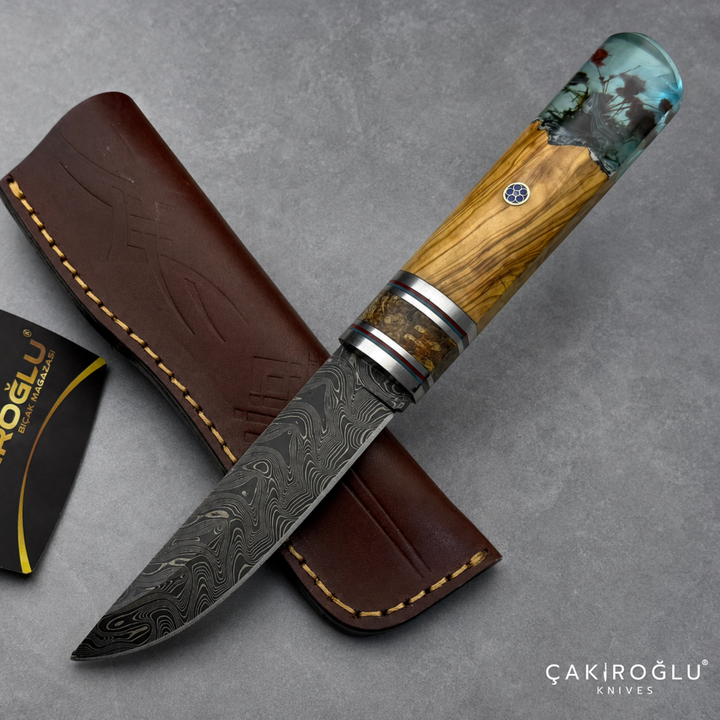 Handcrafted Damascus Steel Custom Pukko Knife - Epoxy Hybrid Handle