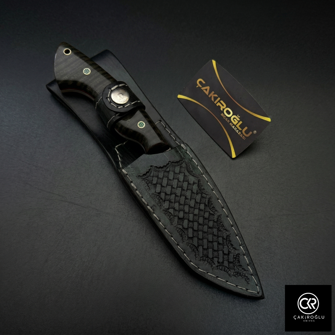 Çakıroğlu Handmade Custom-made Damascus Steel & Stabilized Tulipwood Handle Tanto Model Hunting Knife