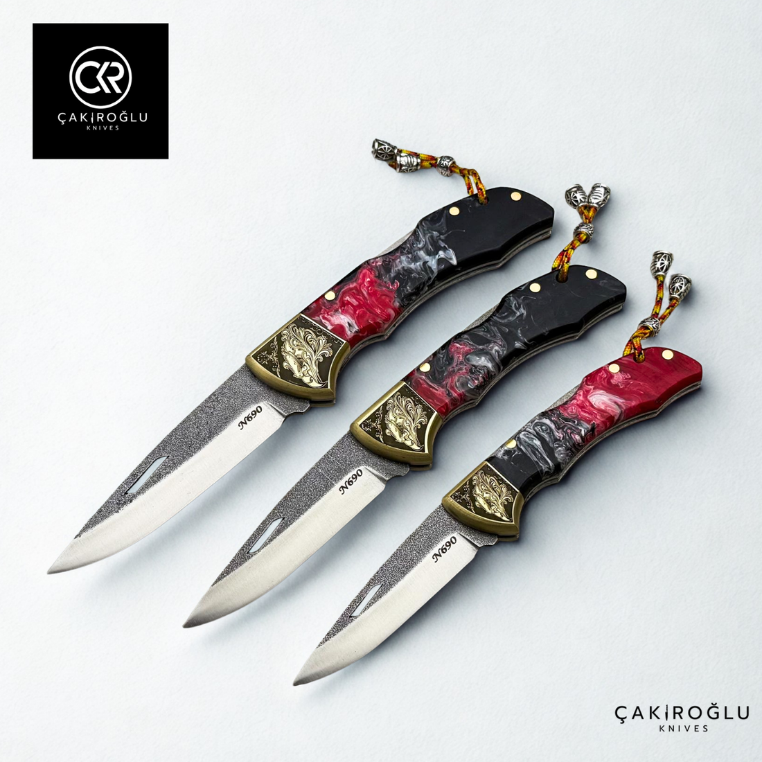 Showy Elite Epoxy Version Handcrafted Custom Folding Knife - N690 Böhler Steel & Engraved Brass Apron