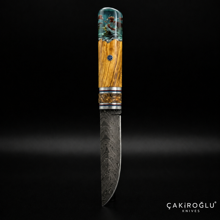 Handcrafted Damascus Steel Custom Pukko Knife - Epoxy Hybrid Handle