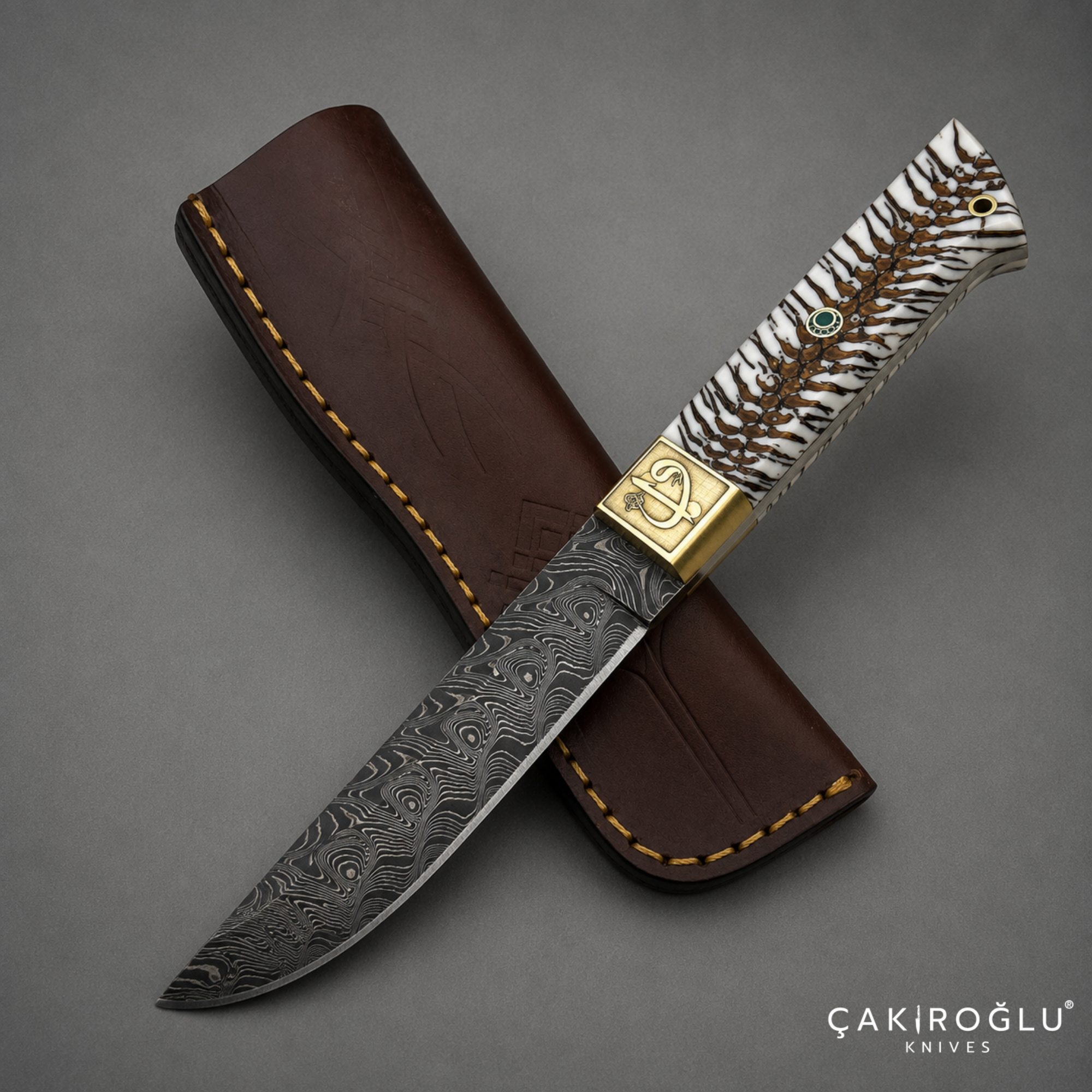 Handcrafted Custom-made Damascus Steel & Pine Cone Epoxy Handle Hunting Knife