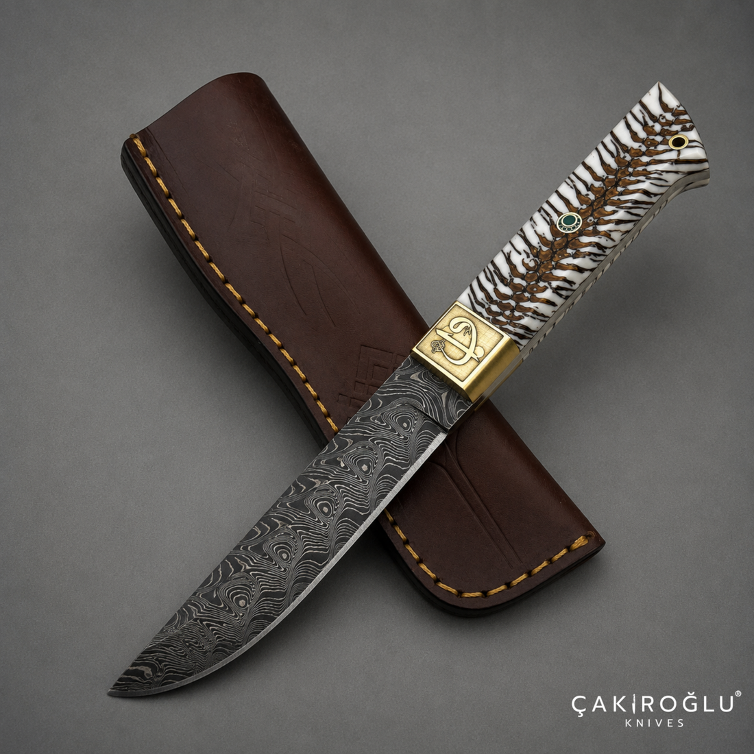 Handcrafted Custom-made Damascus Steel & Pine Cone Epoxy Handle Hunting Knife