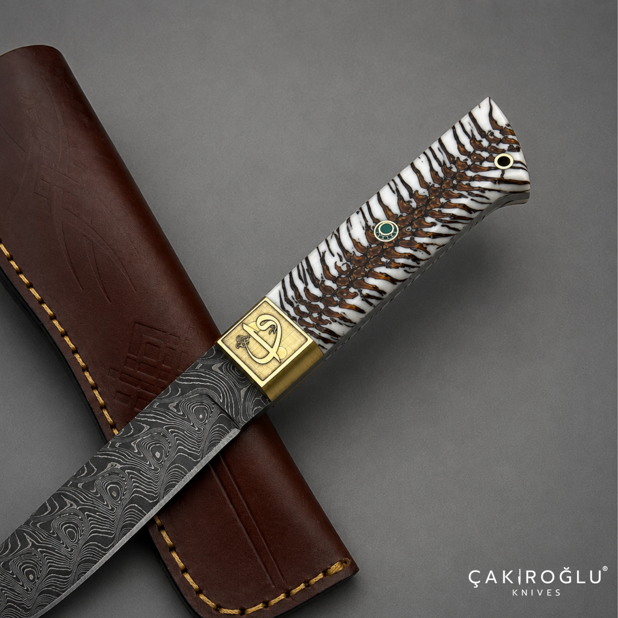 Handcrafted Custom-made Damascus Steel & Pine Cone Epoxy Handle Hunting Knife