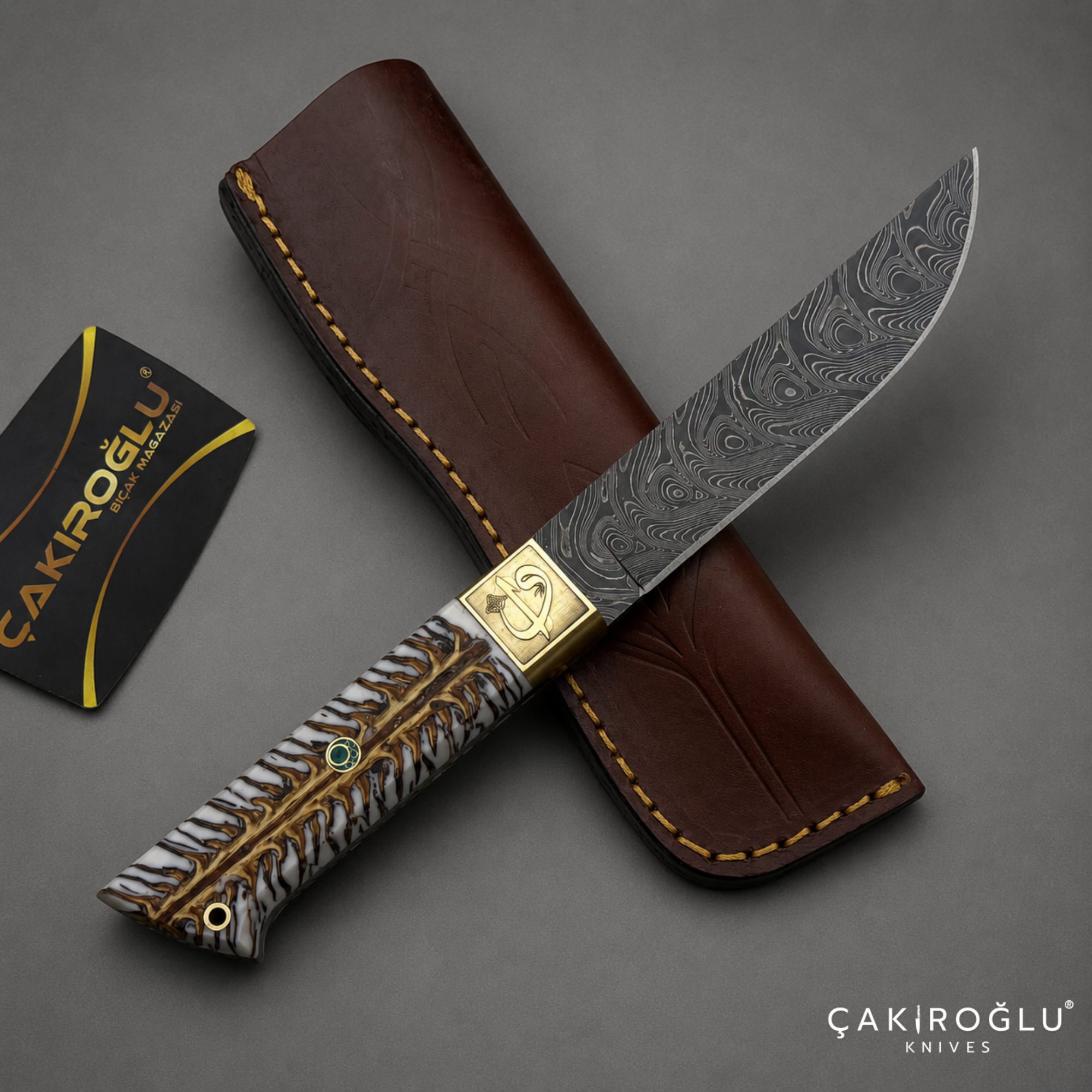 Handcrafted Custom-made Damascus Steel & Pine Cone Epoxy Handle Hunting Knife