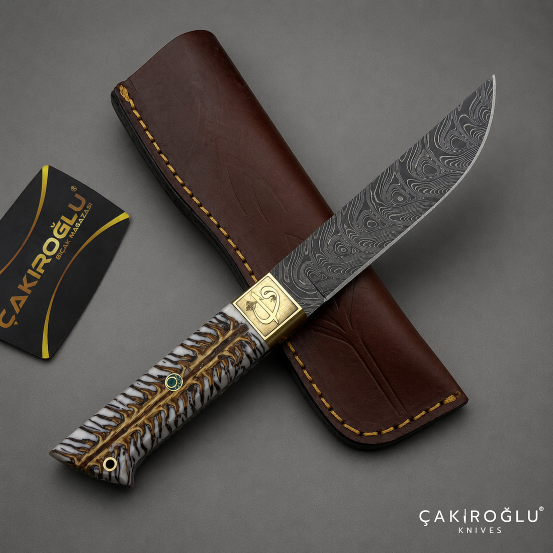 Handcrafted Custom-made Damascus Steel & Pine Cone Epoxy Handle Hunting Knife