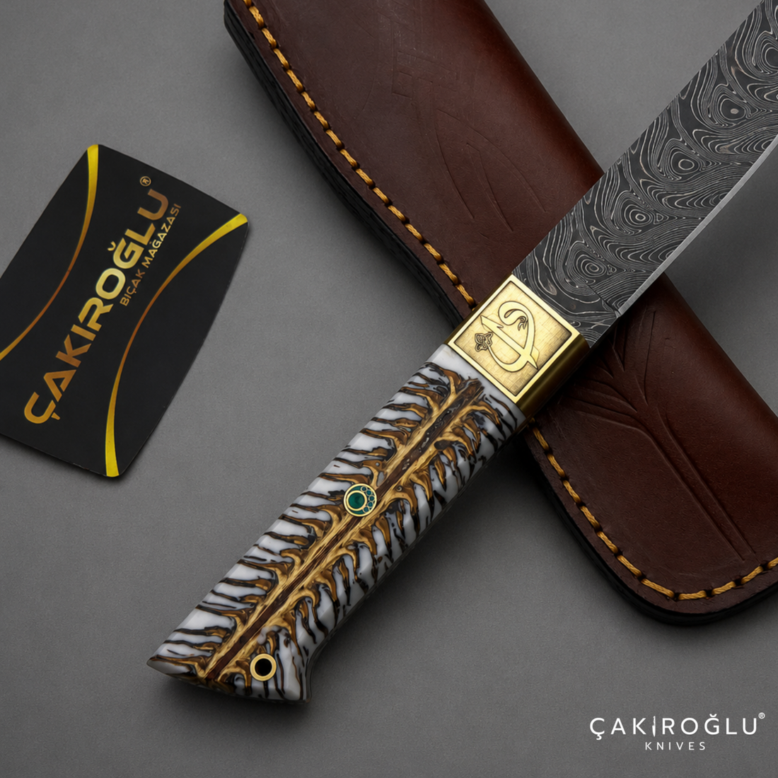 Handcrafted Custom-made Damascus Steel & Pine Cone Epoxy Handle Hunting Knife