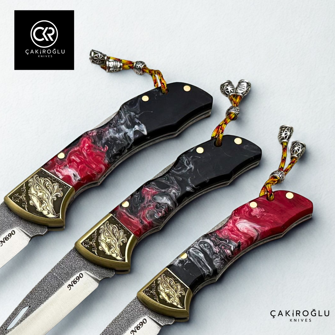 Showy Elite Epoxy Version Handcrafted Custom Folding Knife - N690 Böhler Steel & Engraved Brass Apron