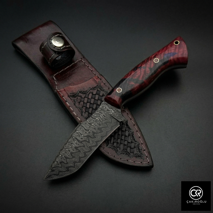 Çakıroğlu Handmade Custom-made Damascus Steel & Stabilized Tulipwood Handle Tanto Model Hunting Knife