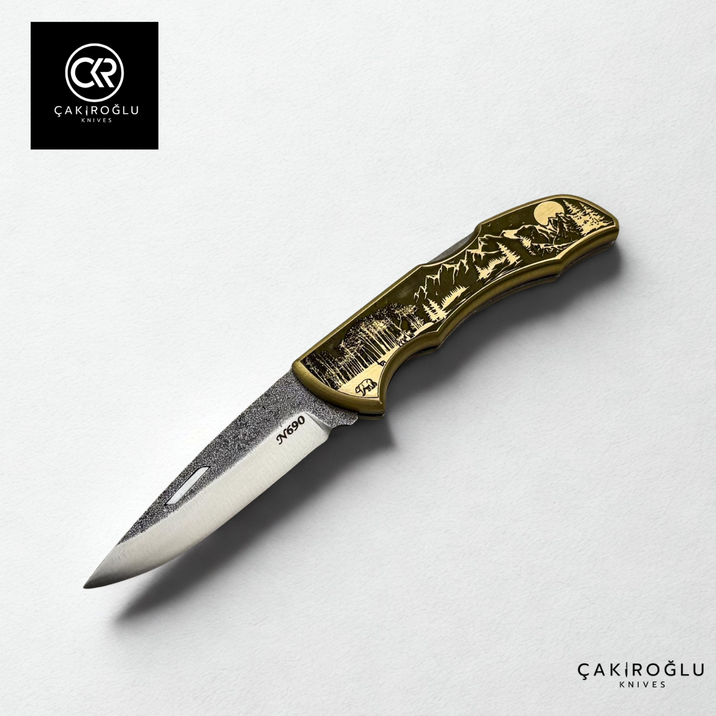 Showy Limited Edition Medium Size Handcrafted Custom-made Folding Collectible Knife - N690 Böhler Steel & Engraved Brass Handle