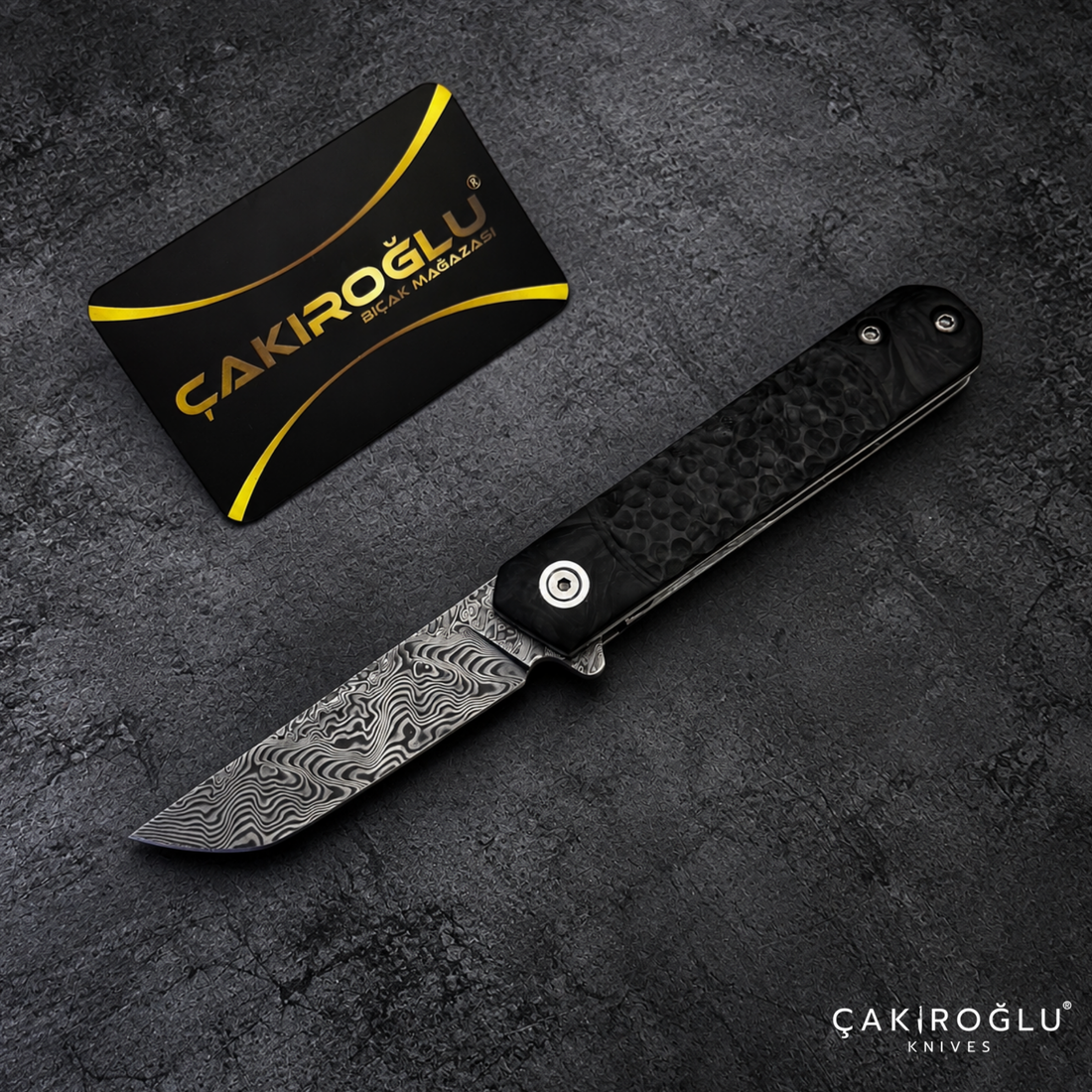 Tusk Age Handmade Stainless Damascus Steel Folding Knife with Carbon Fiber Handle