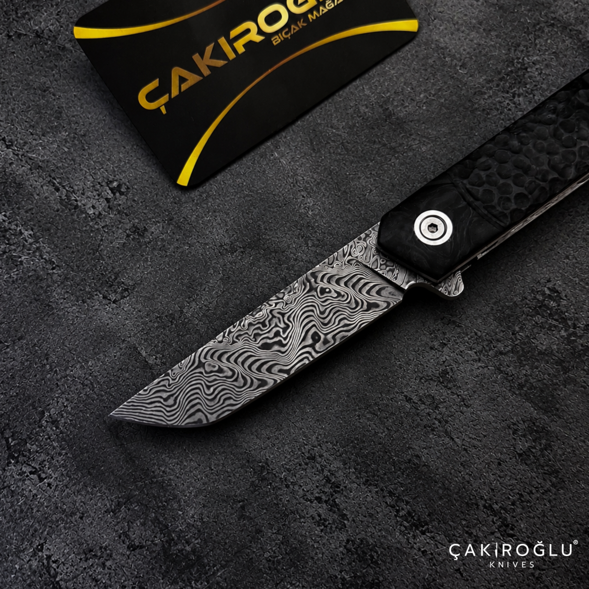 Tusk Age Handmade Stainless Damascus Steel Folding Knife with Carbon Fiber Handle