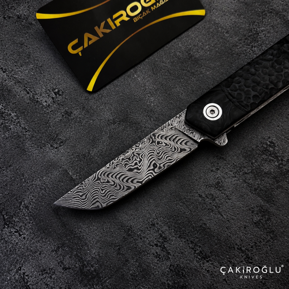 Tusk Age Handmade Stainless Damascus Steel Folding Knife with Carbon Fiber Handle