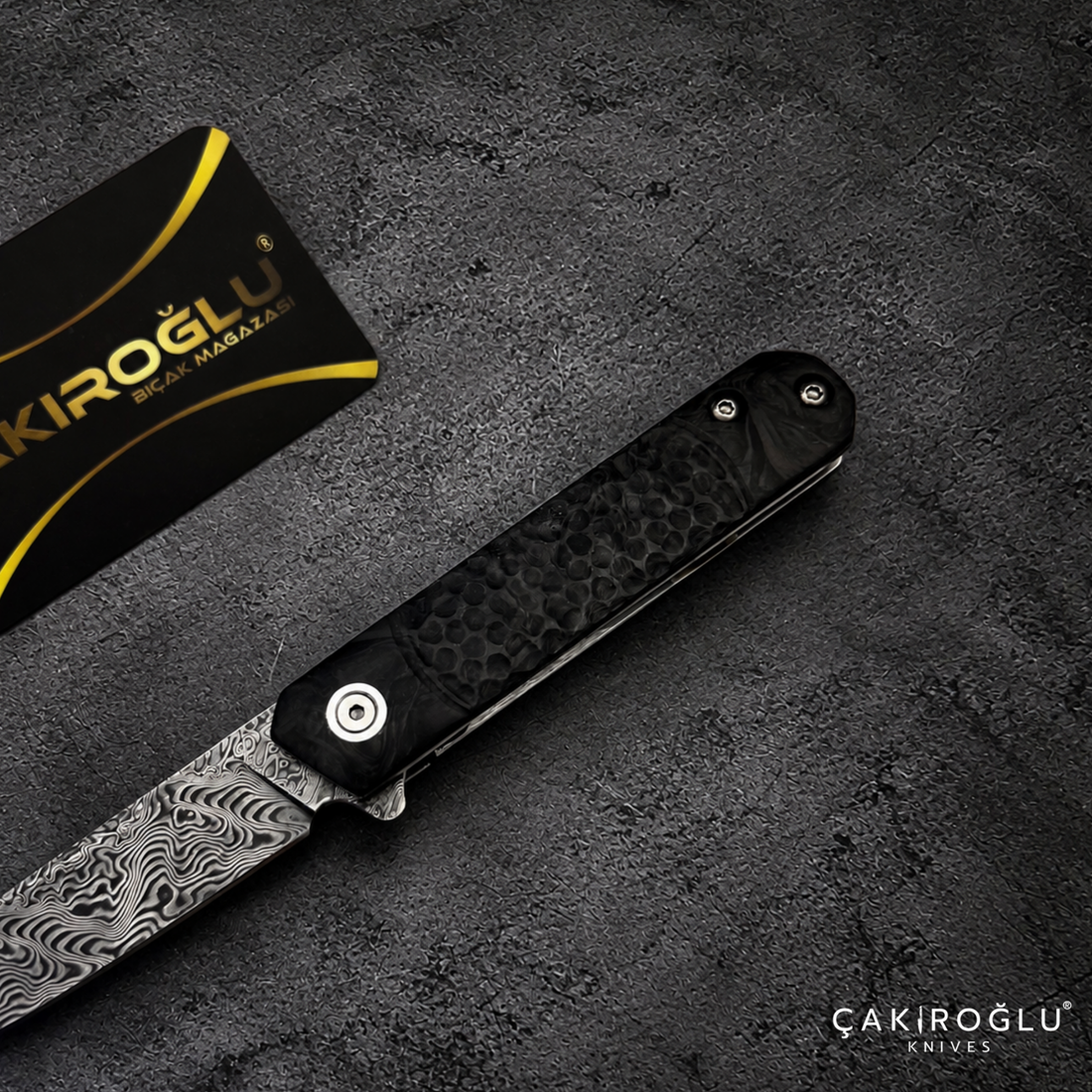 Tusk Age Handmade Stainless Damascus Steel Folding Knife with Carbon Fiber Handle