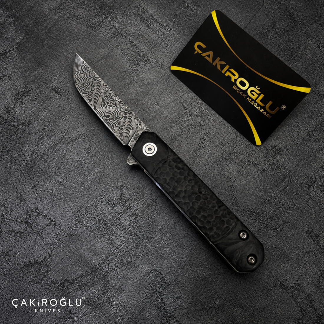 Tusk Age Handmade Stainless Damascus Steel Folding Knife with Carbon Fiber Handle