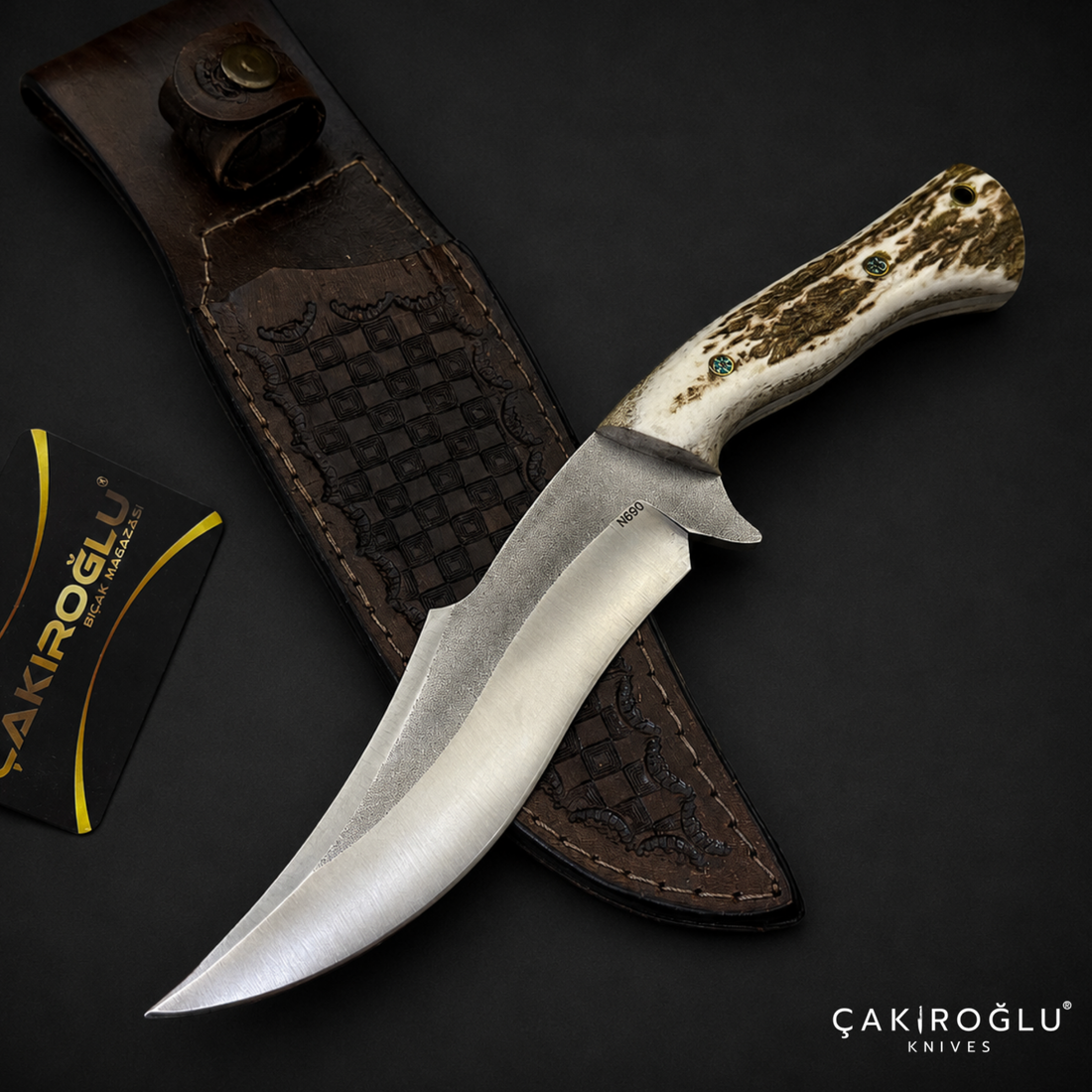 N690 Bowie Hunting Knife with Deer Antler Handle - Custom Handmade Knife