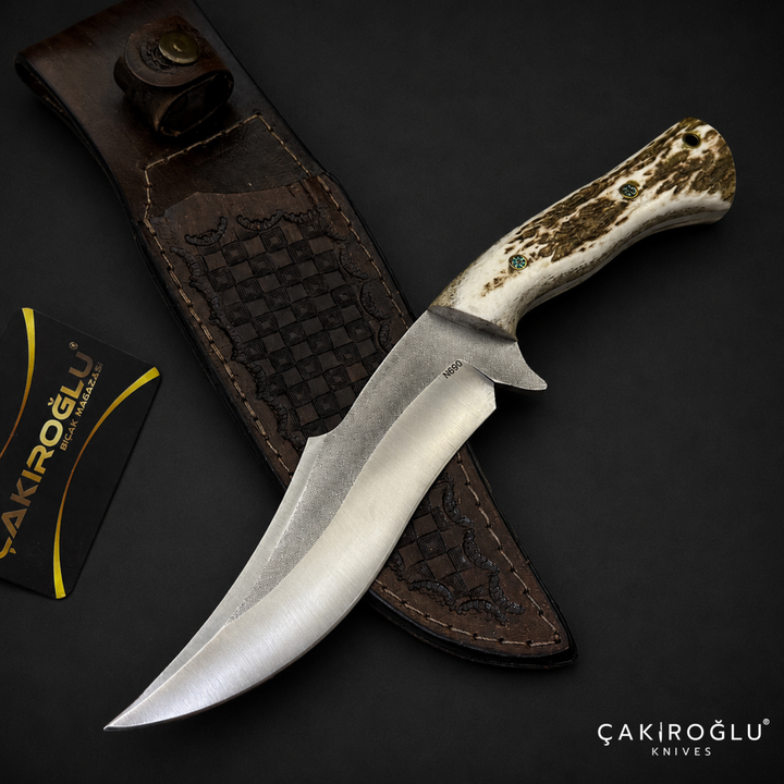 N690 Bowie Hunting Knife with Deer Antler Handle - Custom Handmade Knife