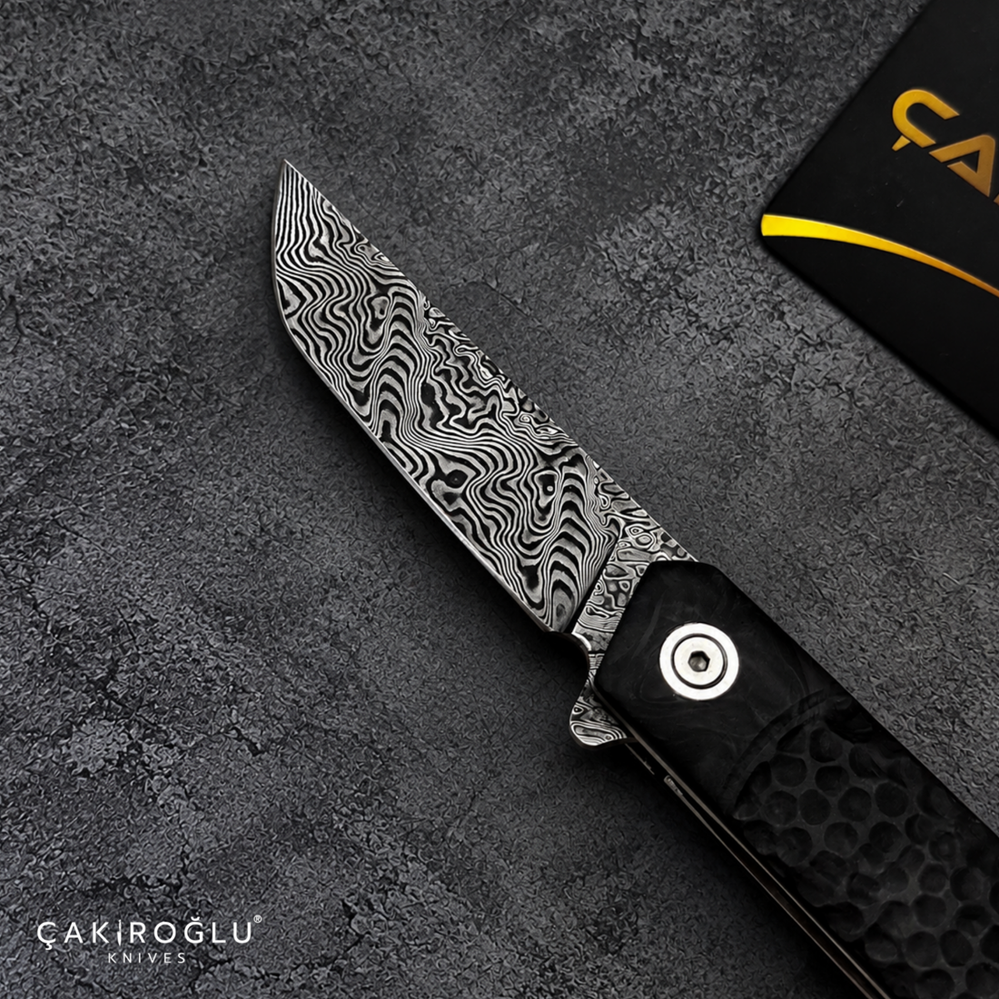 Tusk Age Handmade Stainless Damascus Steel Folding Knife with Carbon Fiber Handle