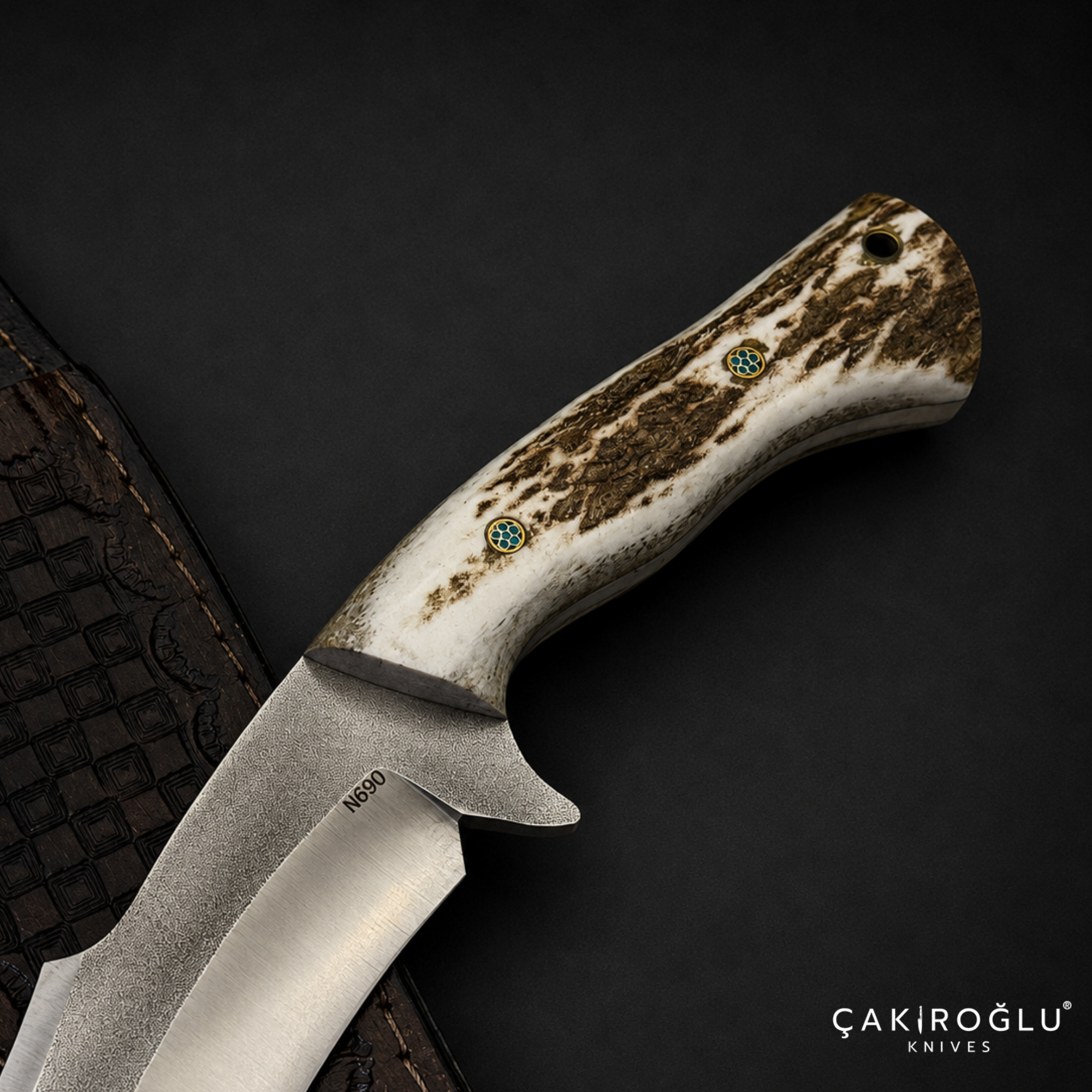 N690 Bowie Hunting Knife with Deer Antler Handle - Custom Handmade Knife