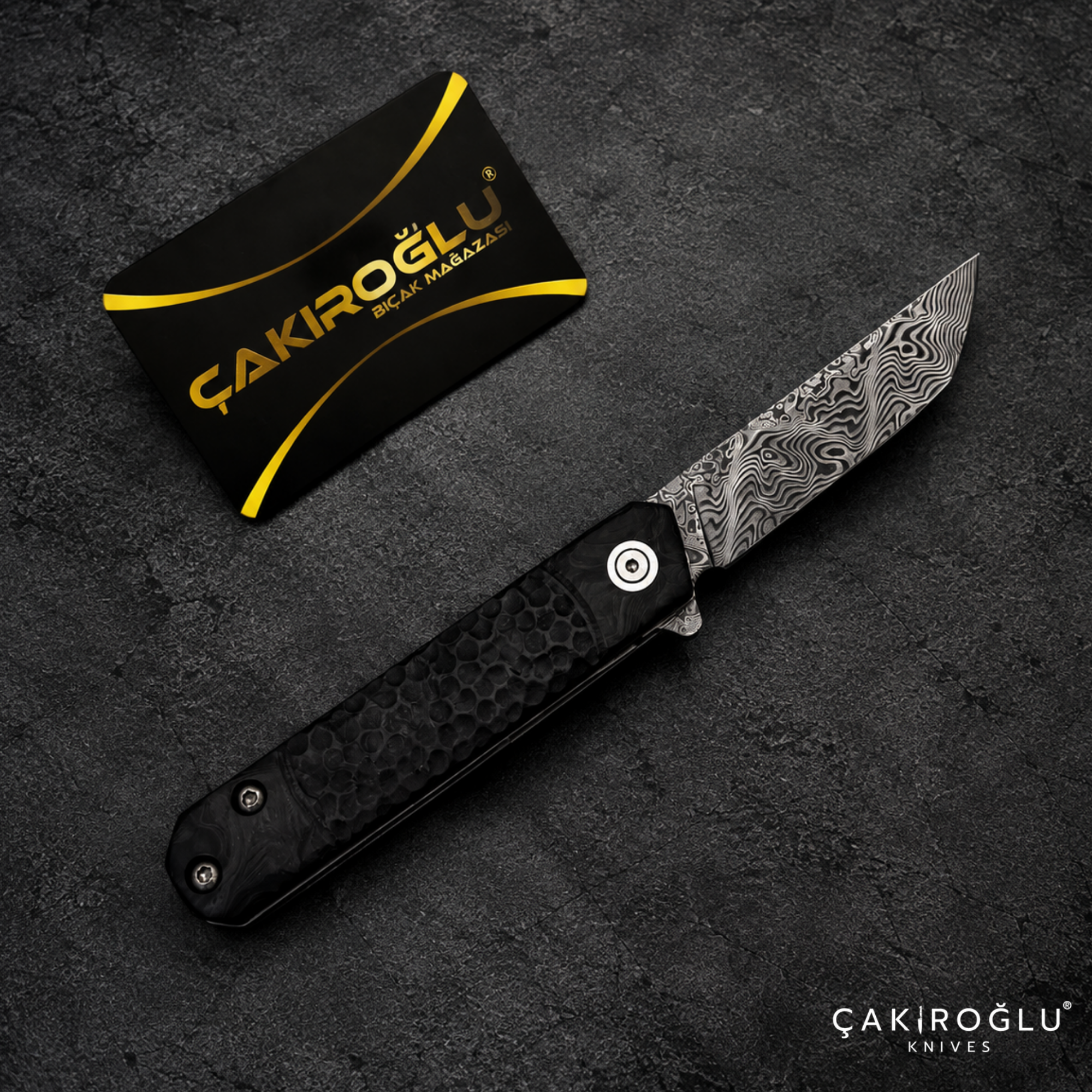 Tusk Age Handmade Stainless Damascus Steel Folding Knife with Carbon Fiber Handle