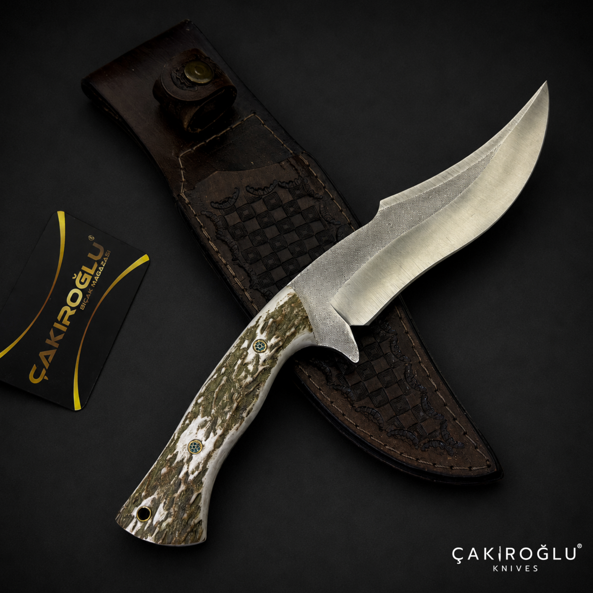 N690 Bowie Hunting Knife with Deer Antler Handle - Custom Handmade Knife