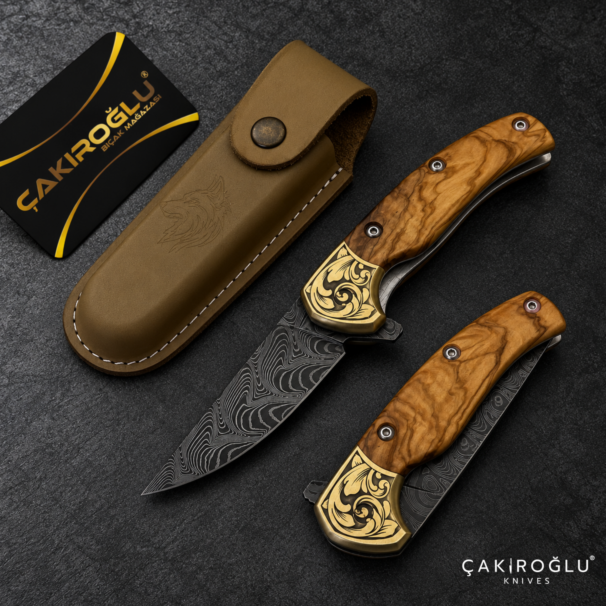 Çakıroğlu Smoky - Damascus Folding Knife with Cocobolo & Olive Handle