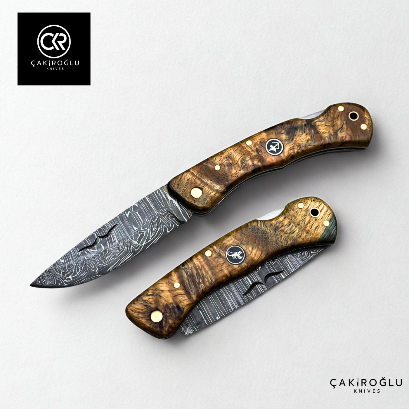 Handcrafted Custom Folding Knife - Damascus Steel & Stabilized Wood Handle