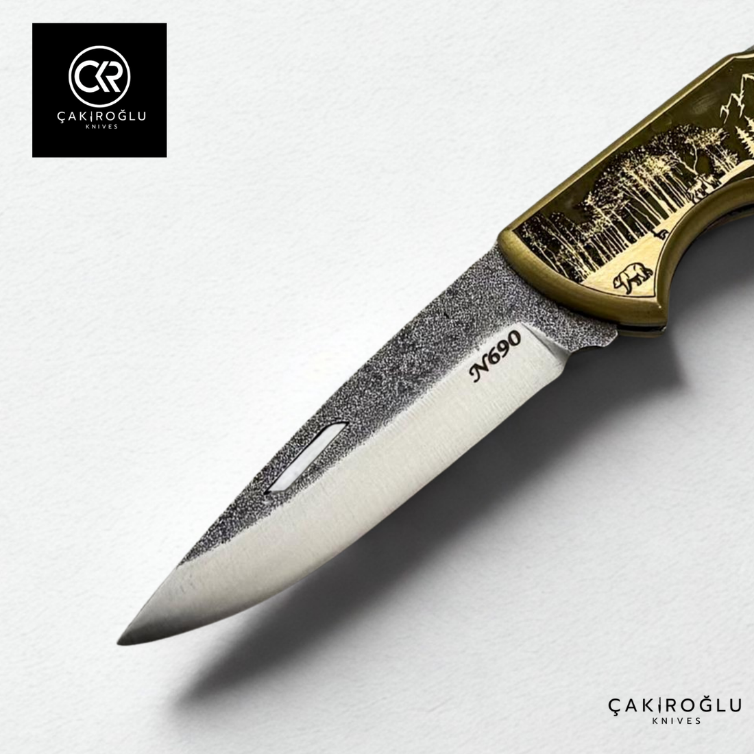 Showy Limited Edition Medium Size Handcrafted Custom-made Folding Collectible Knife - N690 Böhler Steel & Engraved Brass Handle