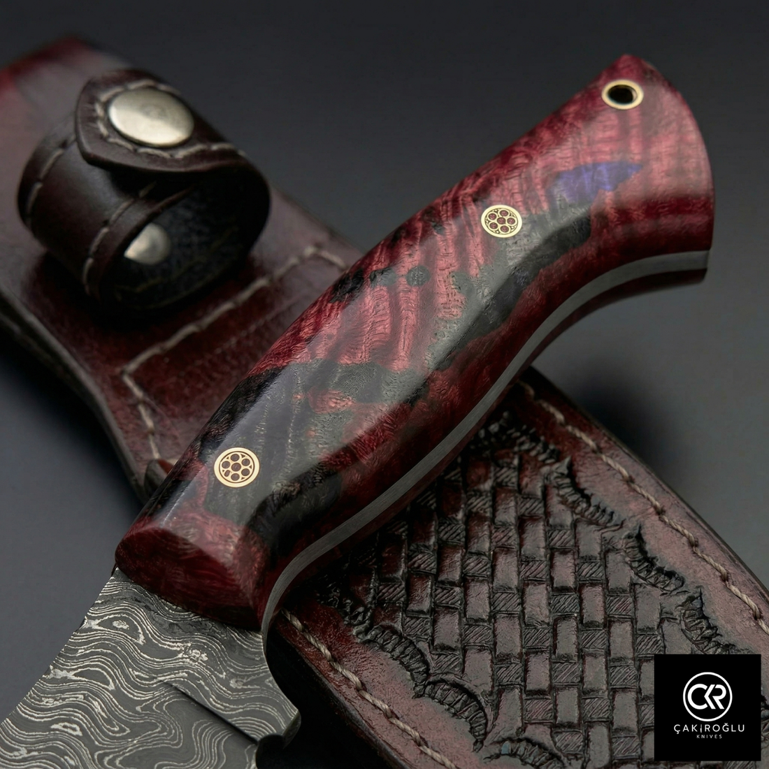 Çakıroğlu Handmade Custom-made Damascus Steel & Stabilized Tulipwood Handle Tanto Model Hunting Knife