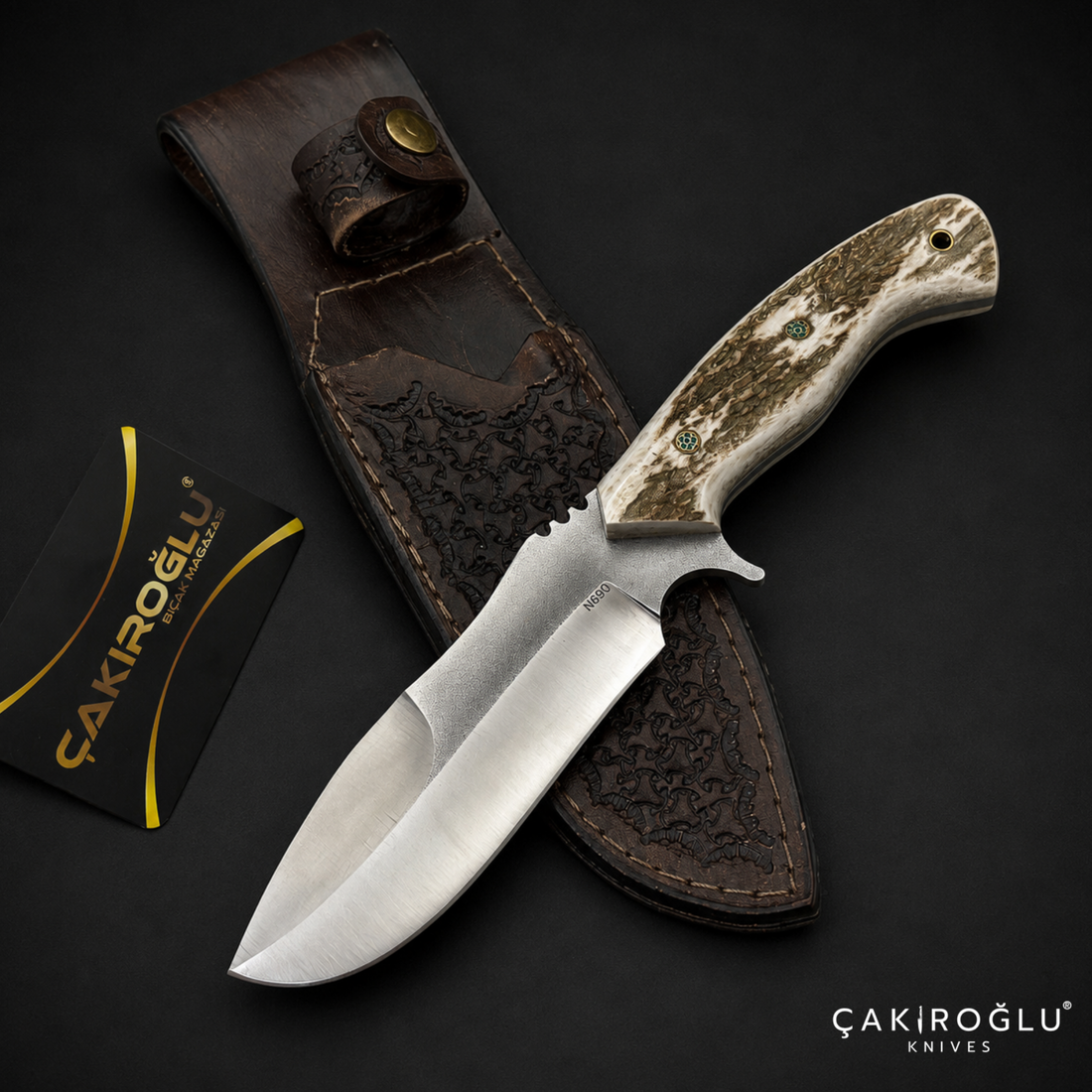 N690 Hunting Knife with Deer Antler Handle - Custom Handmade Bushcraft Knife
