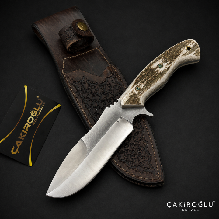 N690 Hunting Knife with Deer Antler Handle - Custom Handmade Bushcraft Knife