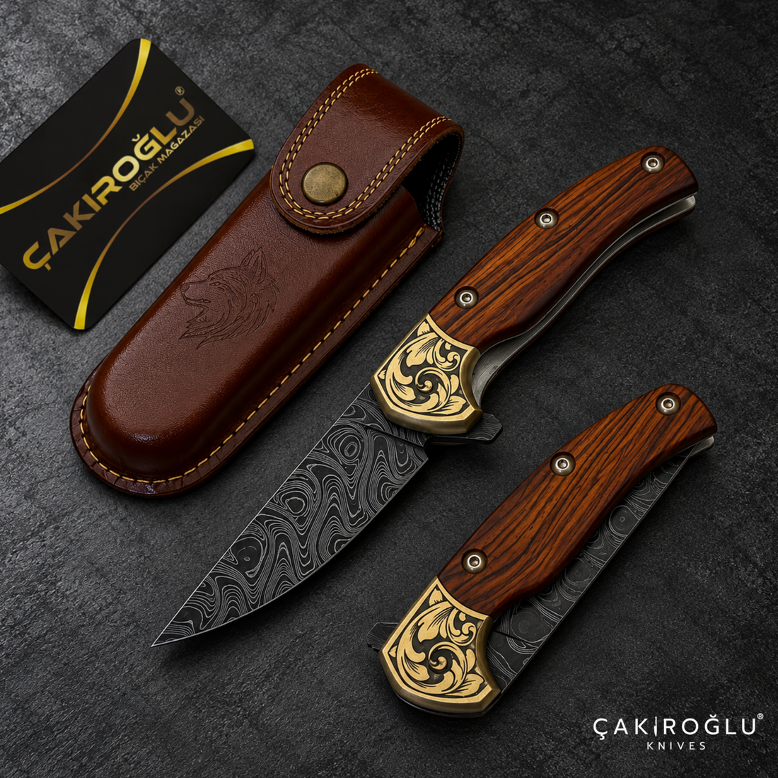 Çakıroğlu Smoky - Damascus Folding Knife with Cocobolo & Olive Handle