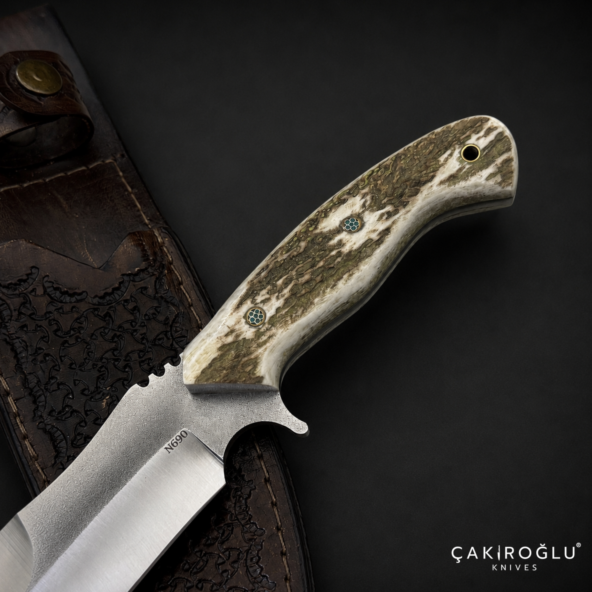 N690 Hunting Knife with Deer Antler Handle - Custom Handmade Bushcraft Knife