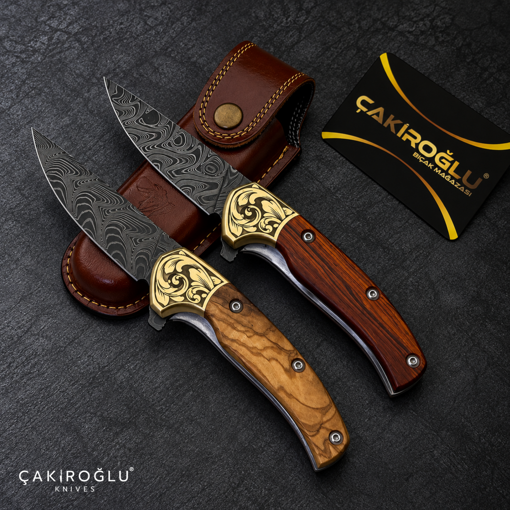 Çakıroğlu Smoky - Damascus Folding Knife with Cocobolo & Olive Handle