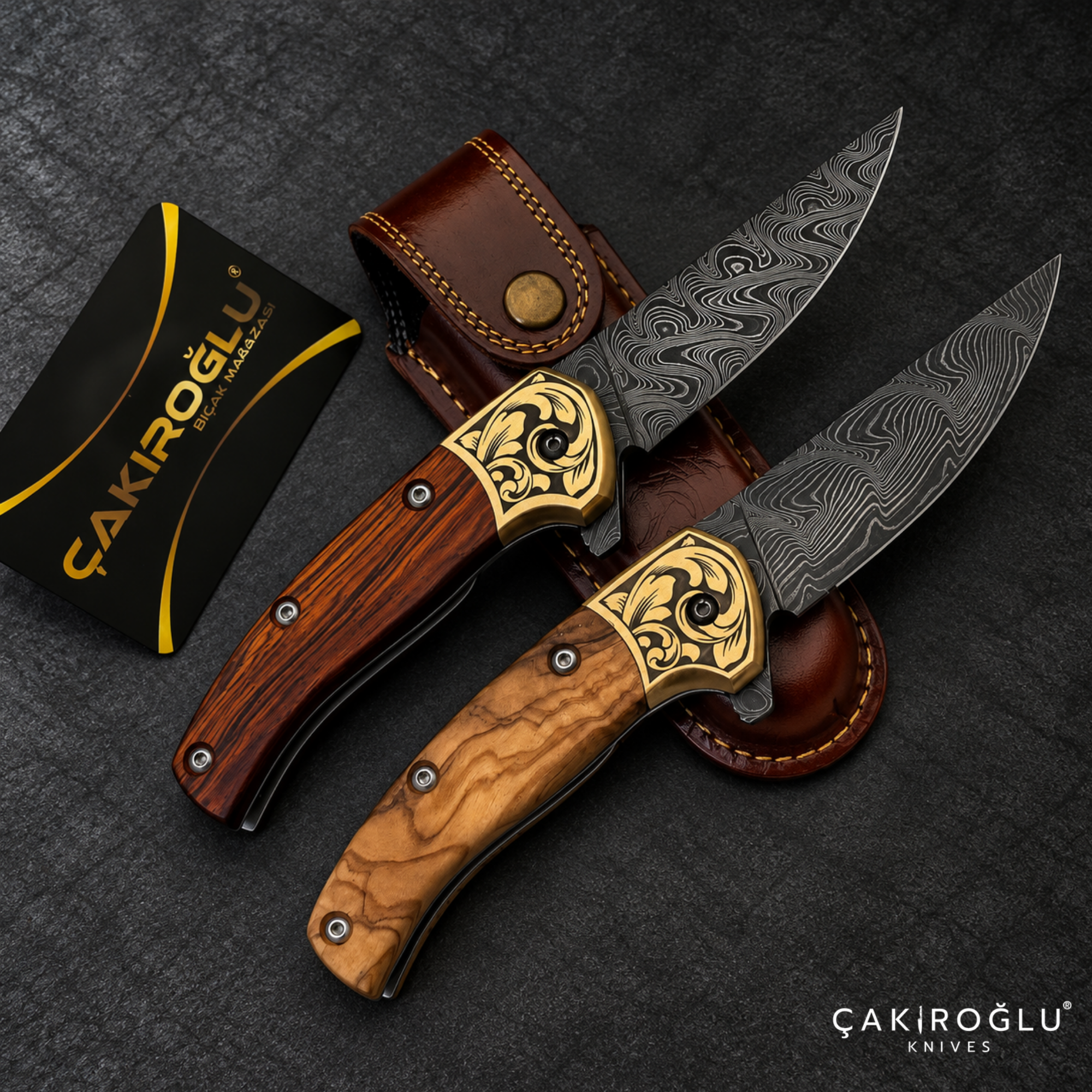 Çakıroğlu Smoky - Damascus Folding Knife with Cocobolo & Olive Handle