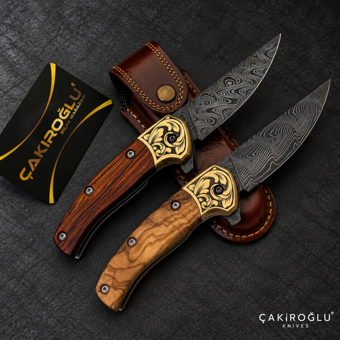 Çakıroğlu Smoky - Damascus Folding Knife with Cocobolo & Olive Handle