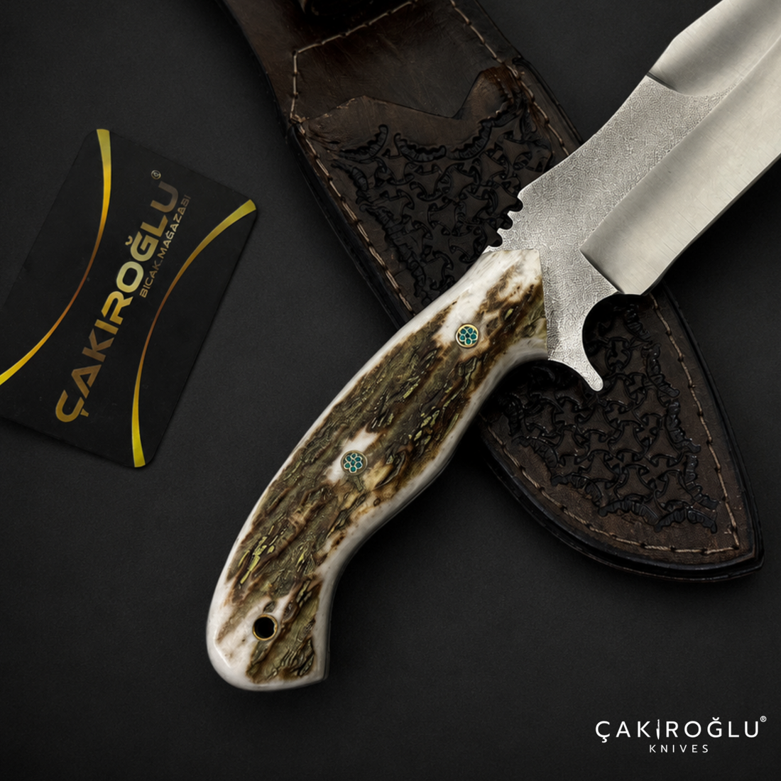 N690 Hunting Knife with Deer Antler Handle - Custom Handmade Bushcraft Knife