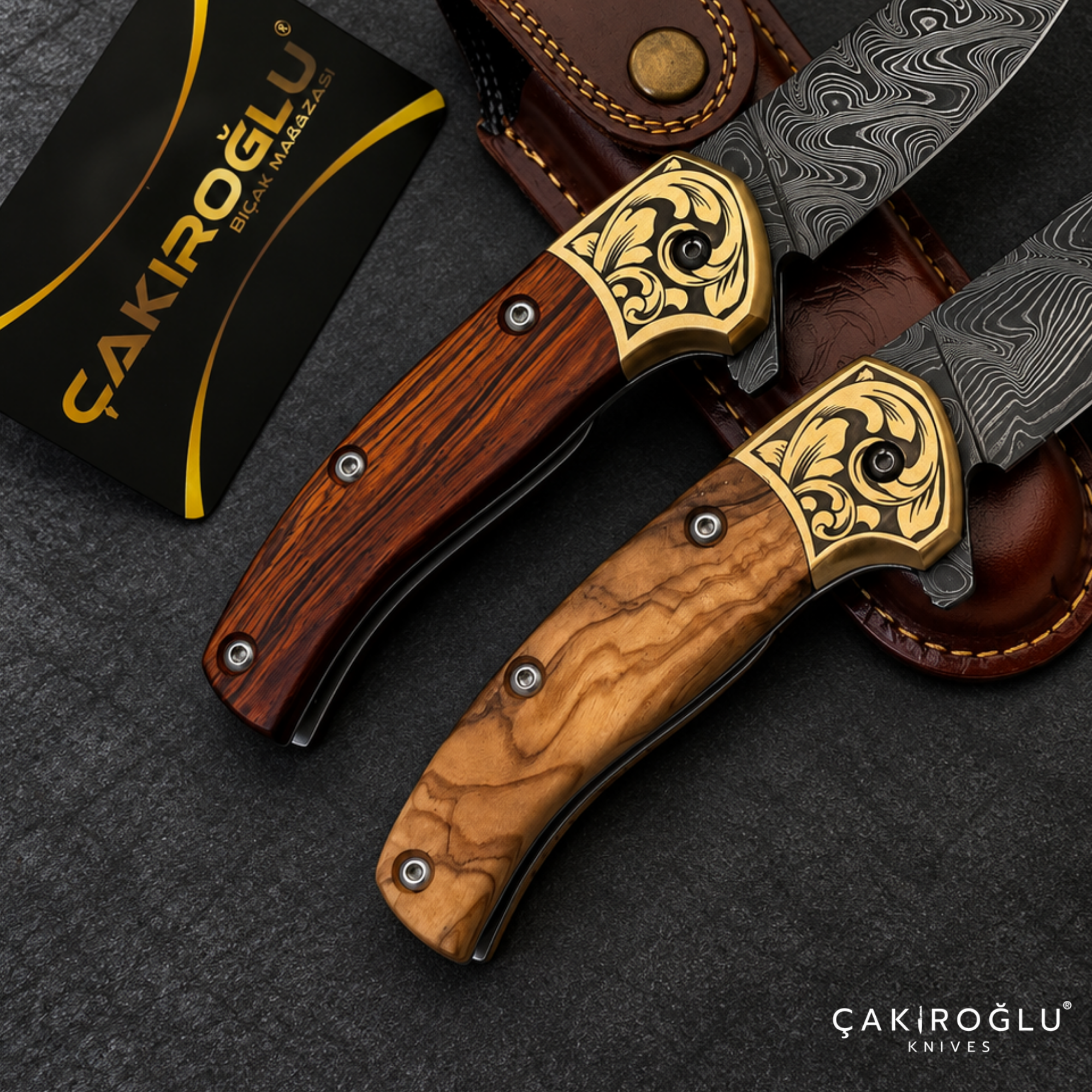 Çakıroğlu Smoky - Damascus Folding Knife with Cocobolo & Olive Handle