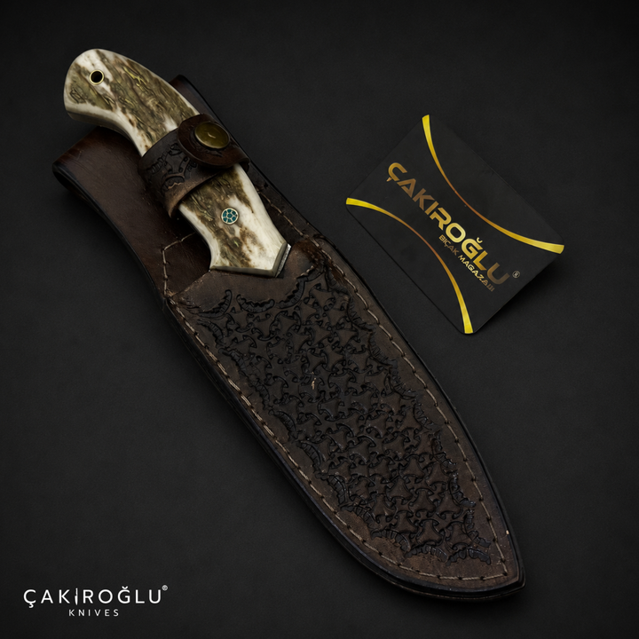 N690 Hunting Knife with Deer Antler Handle - Custom Handmade Bushcraft Knife