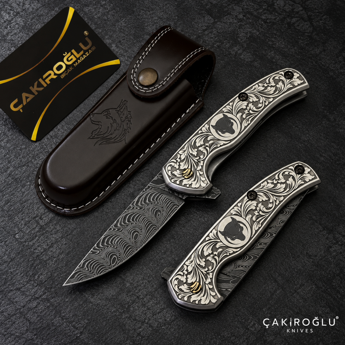 Çakıroğlu Smoky A2 - Damascus Folding Knife & Engraved Aluminum Handle