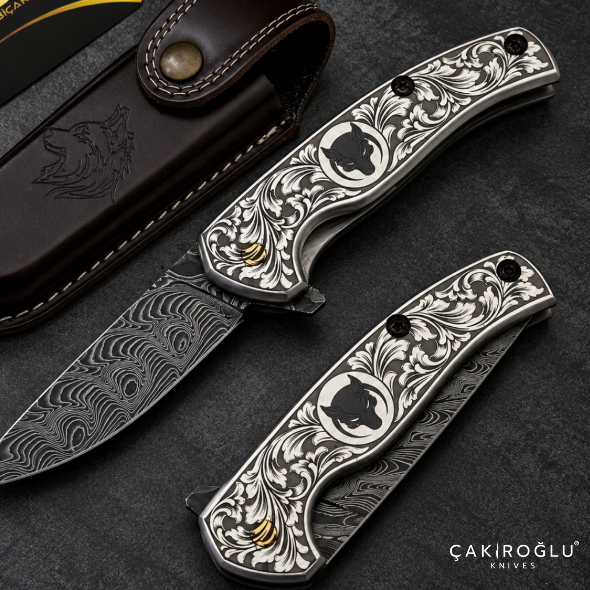 Çakıroğlu Smoky A2 - Damascus Folding Knife & Engraved Aluminum Handle