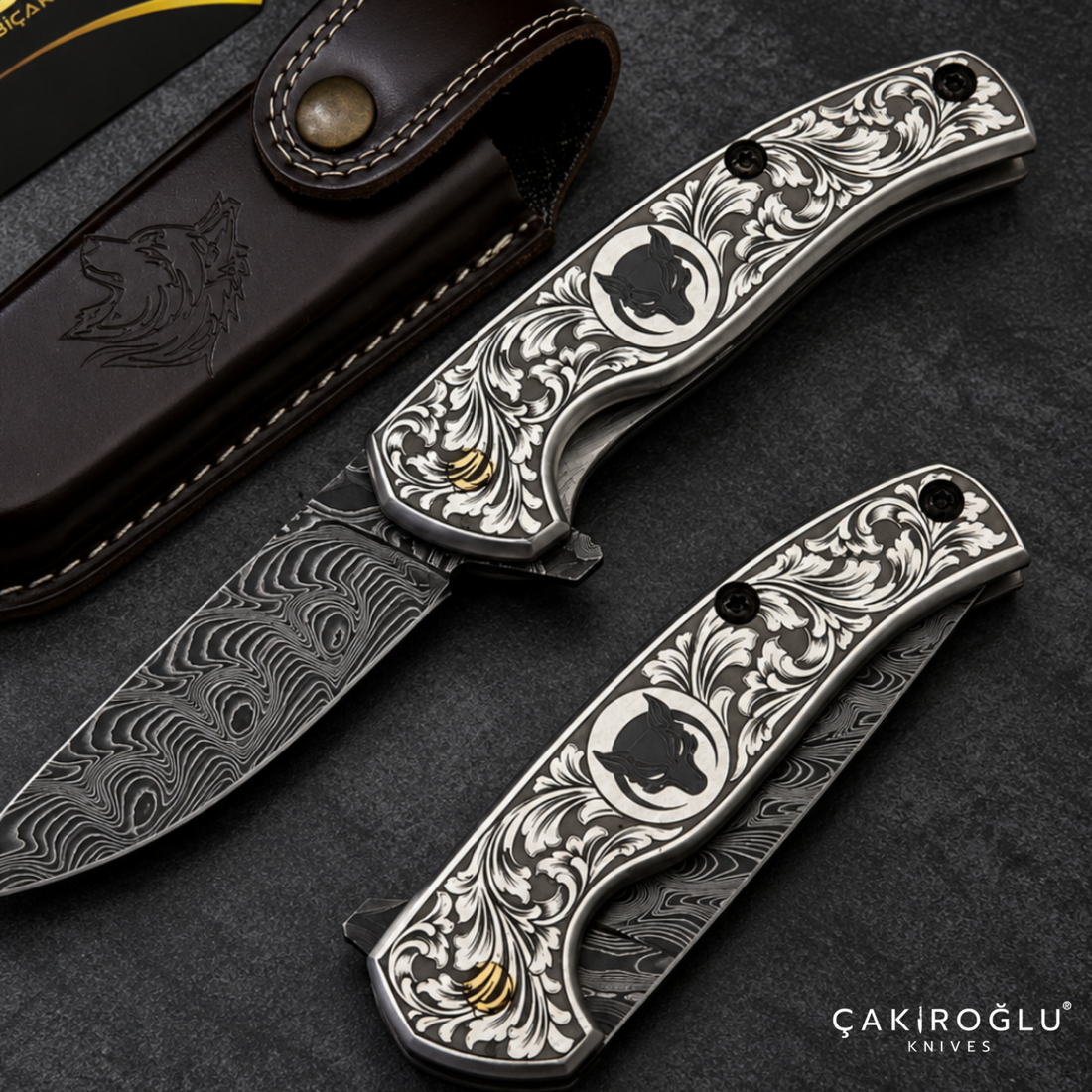 Çakıroğlu Smoky A2 - Damascus Folding Knife & Engraved Aluminum Handle