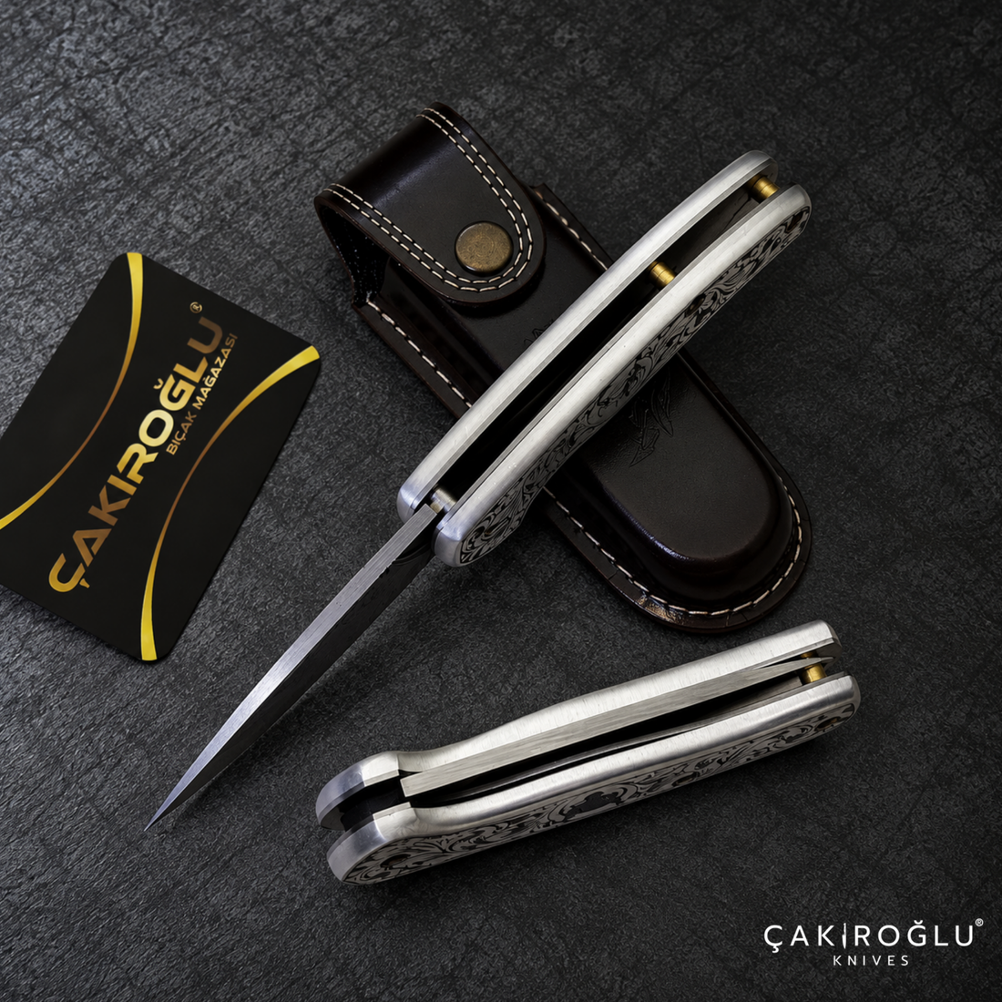 Çakıroğlu Smoky A2 - Damascus Folding Knife & Engraved Aluminum Handle