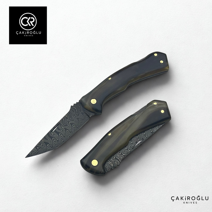 Handcrafted Custom Classic Style Tanto Model Folding Knife - Damascus Steel & Ram Horn Handle