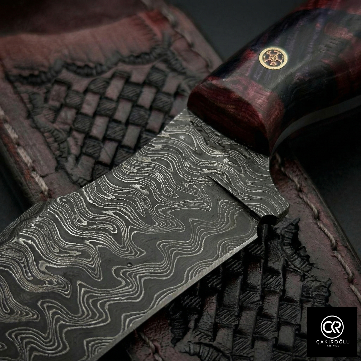 Çakıroğlu Handmade Custom-made Damascus Steel & Stabilized Tulipwood Handle Tanto Model Hunting Knife